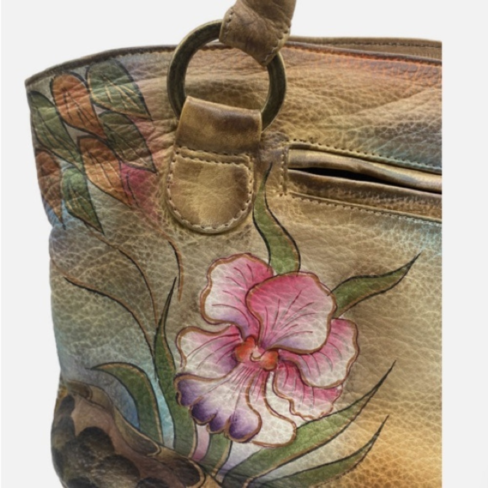 VTG Anuschka Hand Paint Flower Butterflies Leather Double Strap HandBag Satchel - Picture 8 of 12